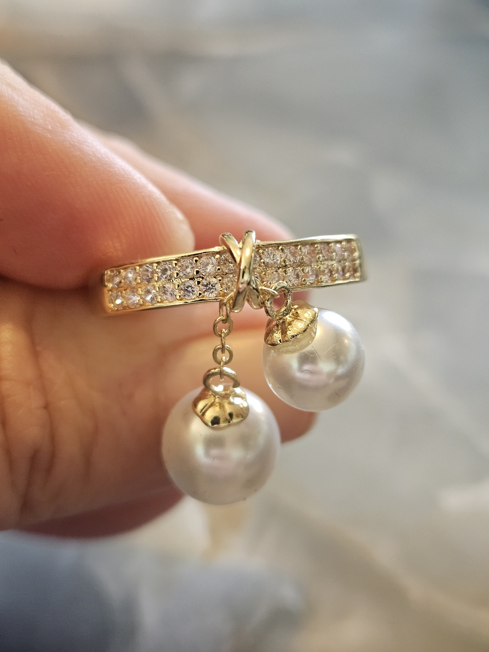 Gold Pearl Drop Ring with Cubic Zirconia Accents